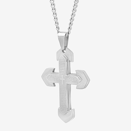 Mens Lord's Prayer Stainless Steel Cross Pendant Necklace