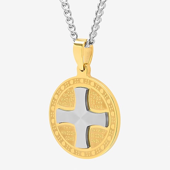 Mens Two-Tone Stainless Steel Lord's Prayer Iron Cross Pendant Necklace