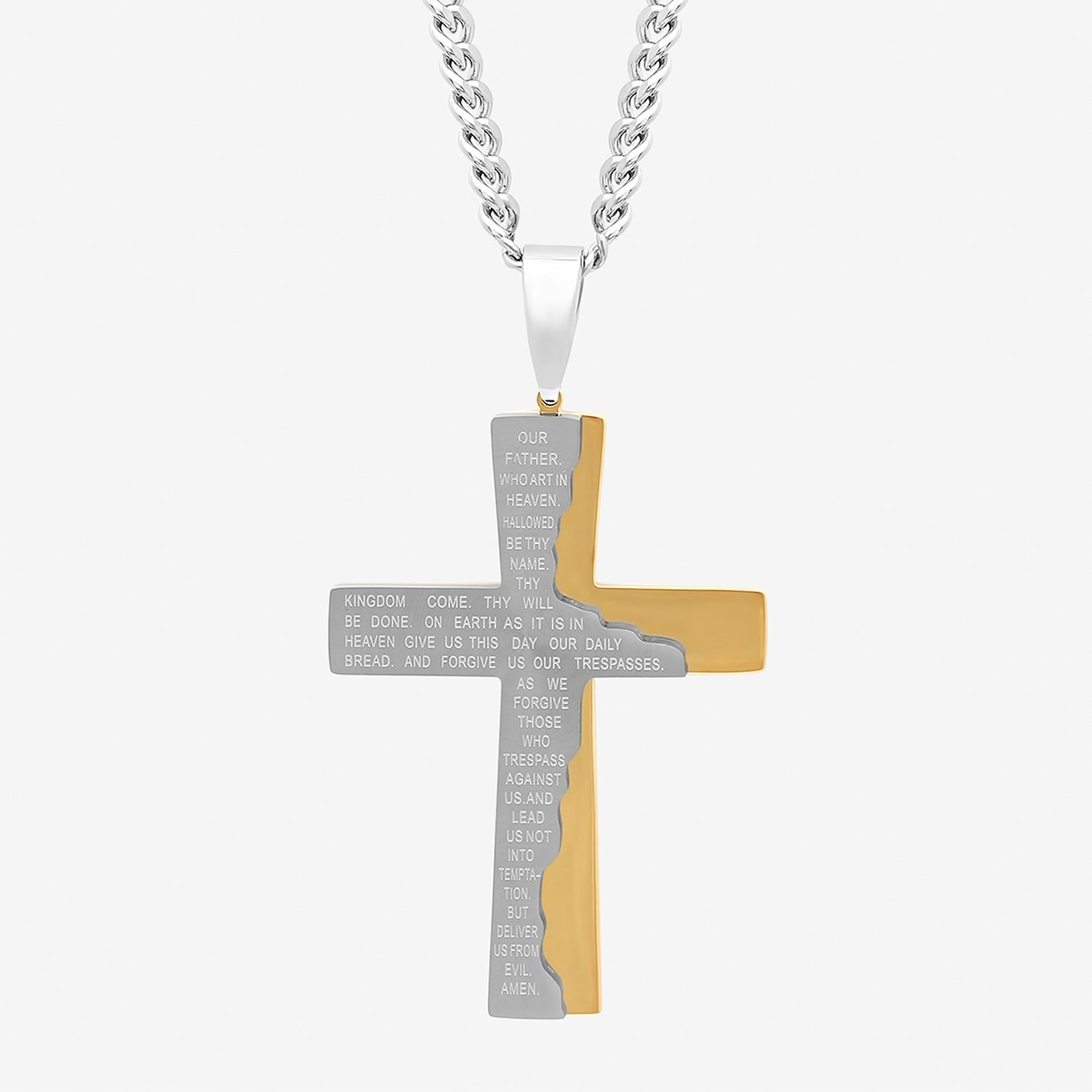 Mens Two-Tone Stainless Steel Lord's Prayer Cross Pendant Necklace
