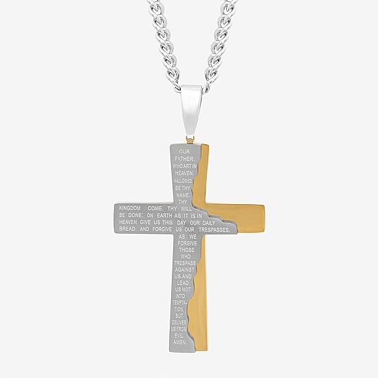 Mens Two-Tone Stainless Steel Lord's Prayer Cross Pendant Necklace
