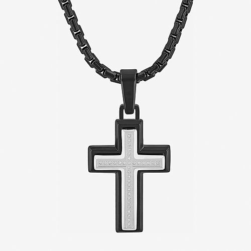 Mens 1/10 CT. T.W. White Diamond Stainless Steel Cross 24 Inch Pendant Necklace, One Size, Black