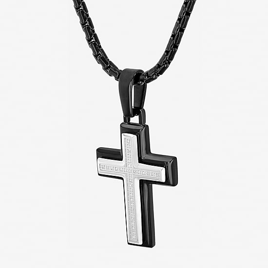 Mens 1/10 CT. T.W. White Diamond Stainless Steel Cross 24 Inch Pendant Necklace