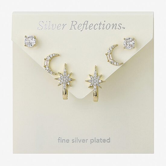 Silver Reflections Womens Cubic Zirconia 10K Gold Over Brass Moon 3 Pair Earring Set