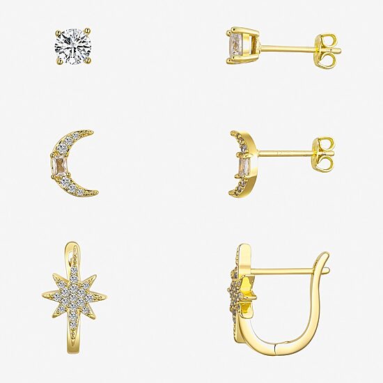 Silver Reflections Womens Cubic Zirconia 10K Gold Over Brass Moon 3 Pair Earring Set