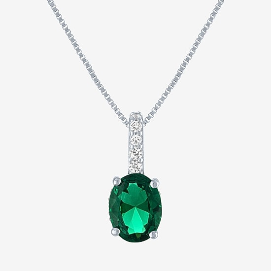 Womens Lab Created Green Emerald Sterling Silver Oval 18 Inch Pendant Necklace