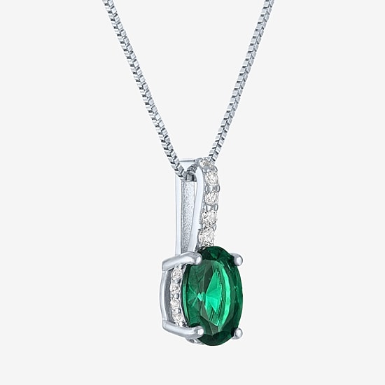 Womens Lab Created Green Emerald Sterling Silver Oval 18 Inch Pendant Necklace