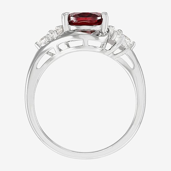 Womens Genuine Red Garnet Sterling Silver Oval Side Stone Cocktail Ring