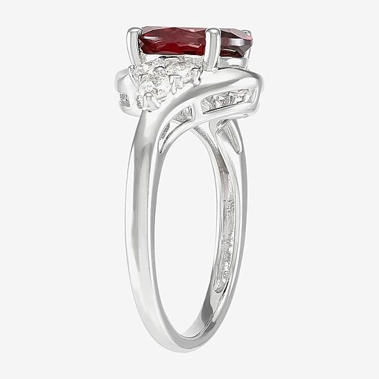 Womens Genuine Red Garnet Sterling Silver Oval Side Stone Cocktail Ring