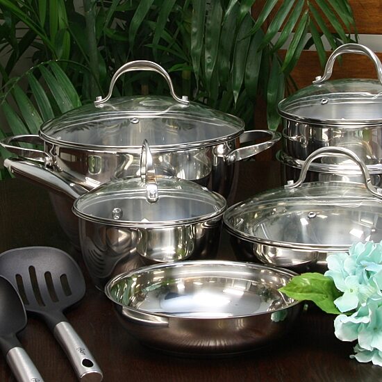 Oster Ridgewell 13 piece Stainless Steel  Belly Shape Cookware Set in Silver Mirror Polish with Hollow Handle
