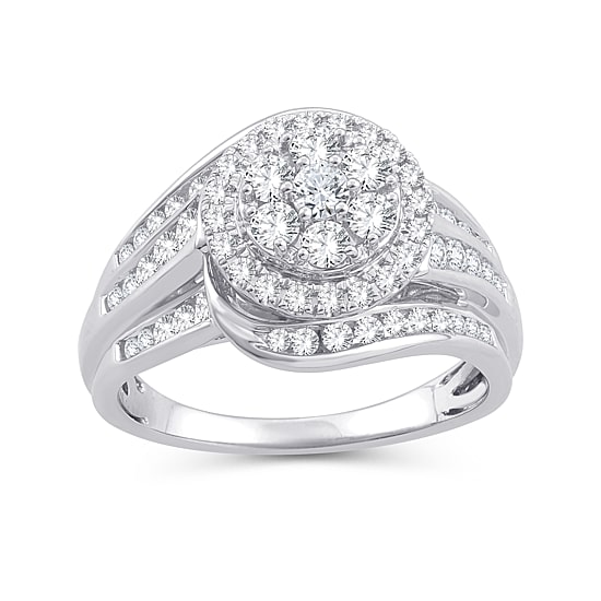 Womens 1 CT. T.W. Natural White Diamond 10K Gold Round Side Stone Halo Engagement Ring