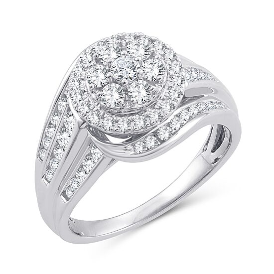 Womens 1 CT. T.W. Natural White Diamond 10K Gold Round Side Stone Halo Engagement Ring