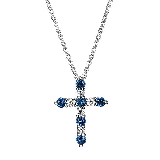 Womens Lab Grown Blue Sapphire & 1/8 CT. T.W. Lab Grown White Diamond Sterling Silver Cross Pendant Necklace