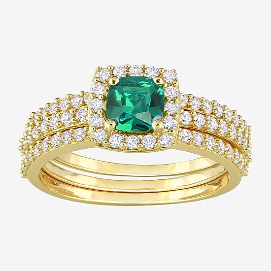 Modern Bride Gemstone Womens Lab Created Green Emerald 18K Gold Over Silver Cushion Side Stone Halo Bridal Set