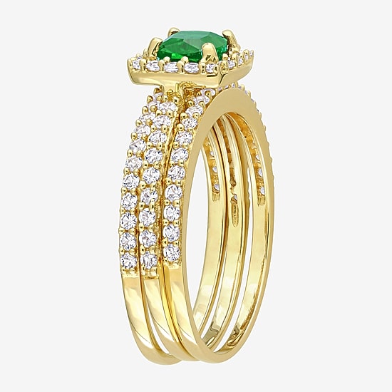 Modern Bride Gemstone Womens Lab Created Green Emerald 18K Gold Over Silver Cushion Side Stone Halo Bridal Set