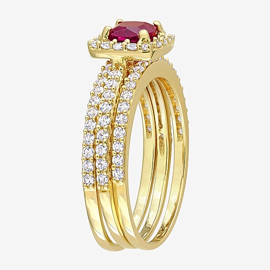 Modern Bride Gemstone Womens Lab Created Red Ruby 18K Gold Over Silver Cushion Side Stone Halo Bridal Set