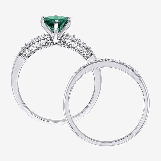 Modern Bride Gemstone Womens 1/3 CT. T.W. Lab Created Green Emerald 10K Gold Round Side Stone Bridal Set