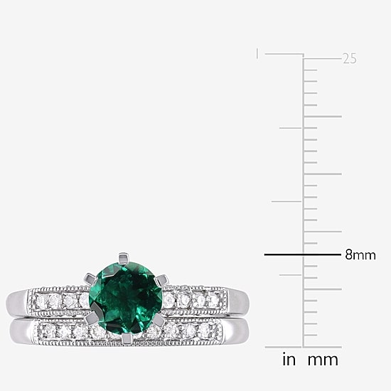 Modern Bride Gemstone Womens 1/3 CT. T.W. Lab Created Green Emerald 10K Gold Round Side Stone Bridal Set