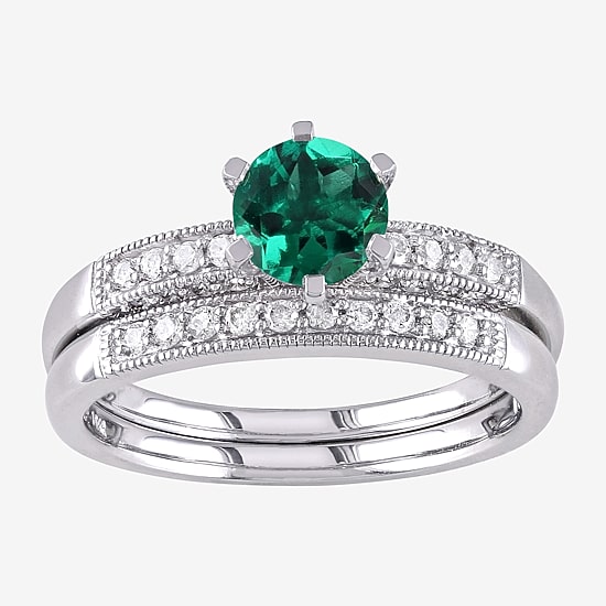 Modern Bride Gemstone Womens 1/3 CT. T.W. Lab Created Green Emerald 10K Gold Round Side Stone Bridal Set