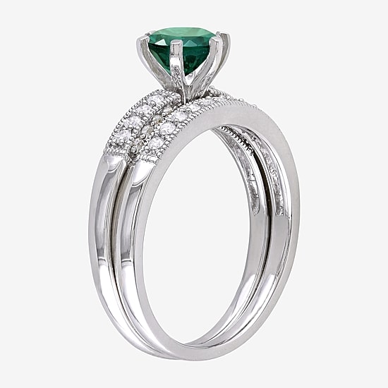 Modern Bride Gemstone Womens 1/3 CT. T.W. Lab Created Green Emerald 10K Gold Round Side Stone Bridal Set