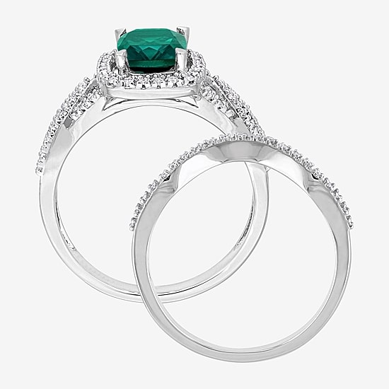 Modern Bride Gemstone Womens 1/4 CT. T.W. Lab Created Green Emerald 10K Gold Cushion Side Stone Halo Bridal Set