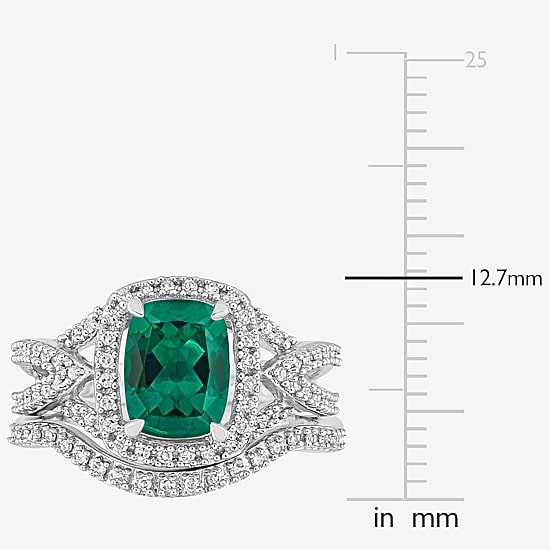 Modern Bride Gemstone Womens 1/4 CT. T.W. Lab Created Green Emerald 10K Gold Cushion Side Stone Halo Bridal Set