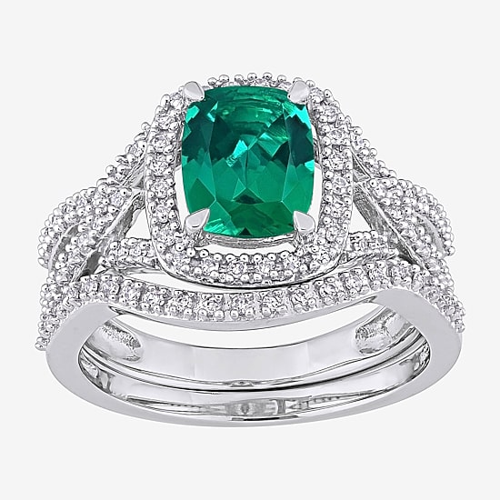 Modern Bride Gemstone Womens 1/4 CT. T.W. Lab Created Green Emerald 10K Gold Cushion Side Stone Halo Bridal Set