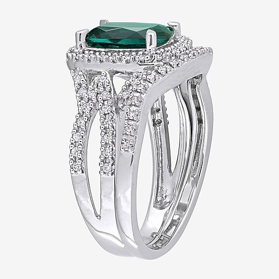 Modern Bride Gemstone Womens 1/4 CT. T.W. Lab Created Green Emerald 10K Gold Cushion Side Stone Halo Bridal Set
