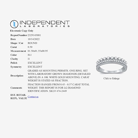 (H-I / I1) Womens 1/2 CT. T.W. Lab Grown White Diamond 10K Gold Anniversary Wedding Band