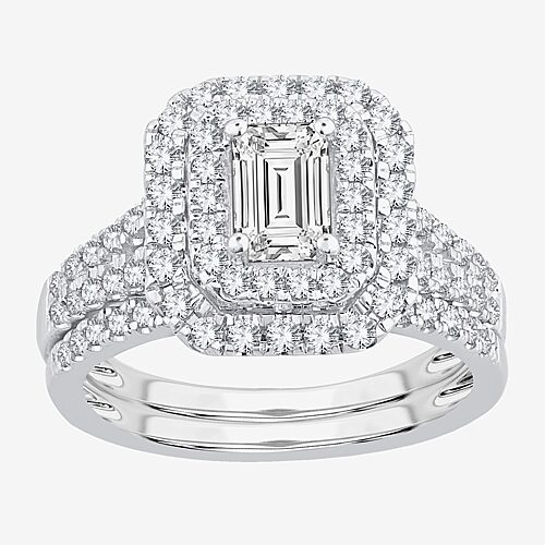 (H-I / Si1-Si2) Womens 1 1/2 CT. T.W. Lab Grown White Diamond 10K Gold Side Stone Halo Bridal Set, 9, White