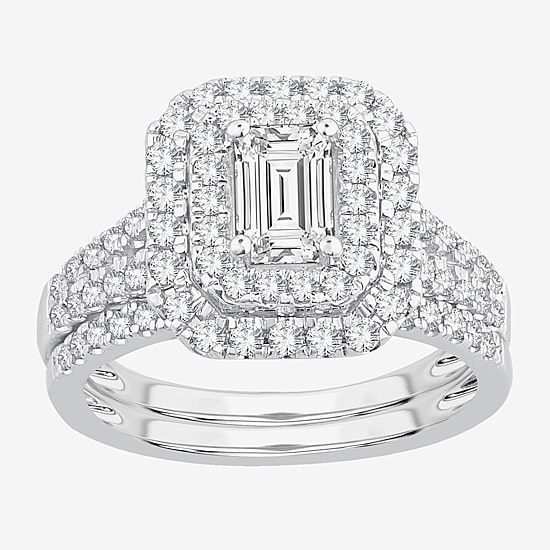 (H-I / Si1-Si2) Womens 1 1/2 CT. T.W. Lab Grown White Diamond 10K Gold Side Stone Halo Bridal Set