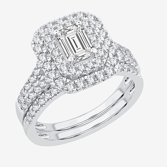 (H-I / Si1-Si2) Womens 1 1/2 CT. T.W. Lab Grown White Diamond 10K Gold Side Stone Halo Bridal Set