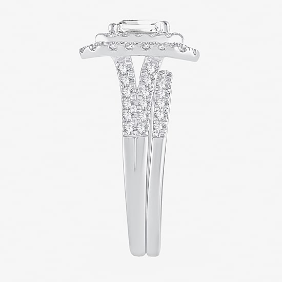 (H-I / Si1-Si2) Womens 1 1/2 CT. T.W. Lab Grown White Diamond 10K Gold Side Stone Halo Bridal Set