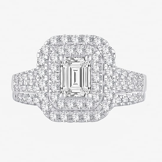 (H-I / Si1-Si2) Womens 1 1/2 CT. T.W. Lab Grown White Diamond 10K Gold Side Stone Halo Bridal Set