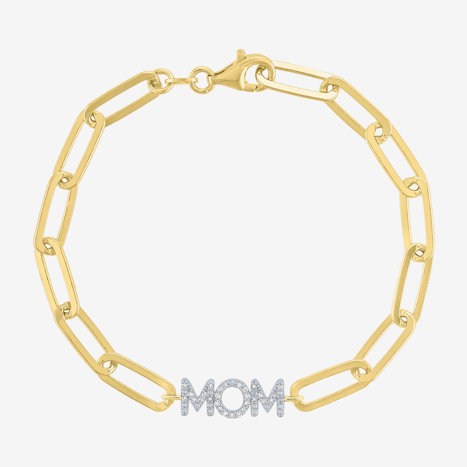 Diamond Addiction "Mom" (G-H / I1-I2) Womens 14K Gold Over Silver Sterling Silver 8 Inch Paperclip Chain Bracelet
