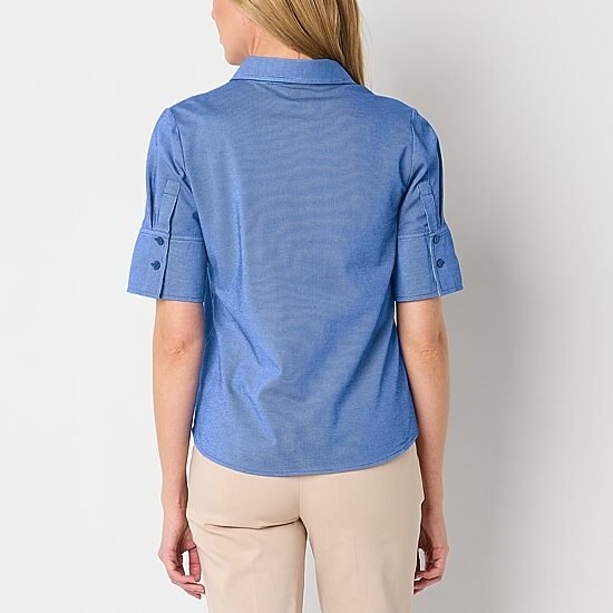 Liz Claiborne Womens Elbow Sleeve Regular Fit Button-Down Shirt