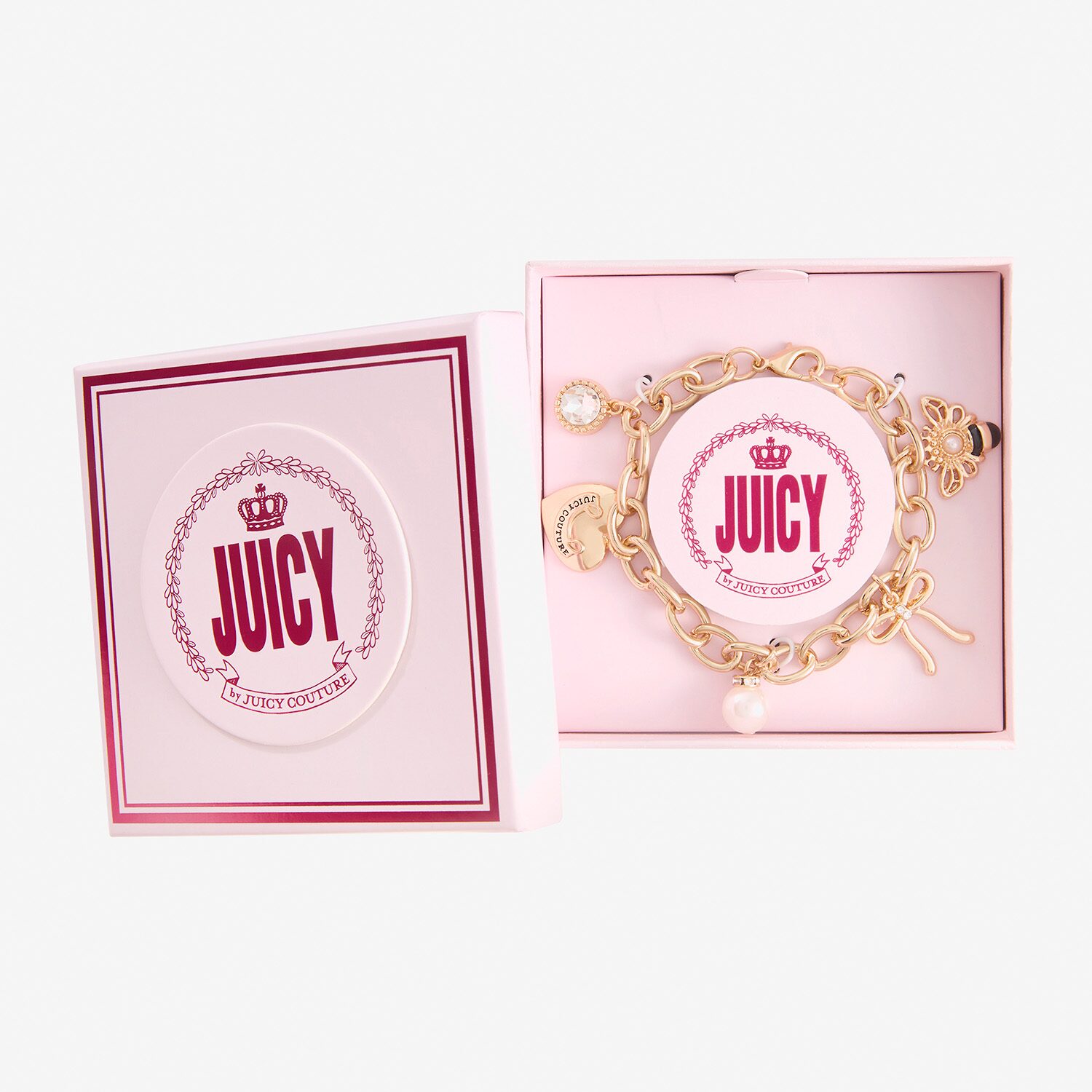 Juicy By Juicy Couture Gold Tone Queen Bee Womens White Crystal Simulated Pearl Bow Crown Charm Bracelet