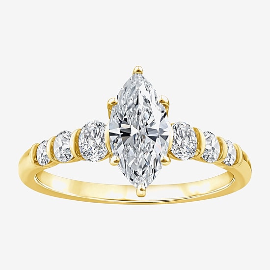 (F / Vs2) Womens 1 1/2 CT. T.W. Lab Grown White Diamond 10K Gold Marquise Side Stone Engagement Ring