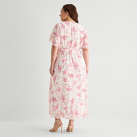 Studio 1 Womens Plus V Neck Short Sleeve Kimono Maxi Dress