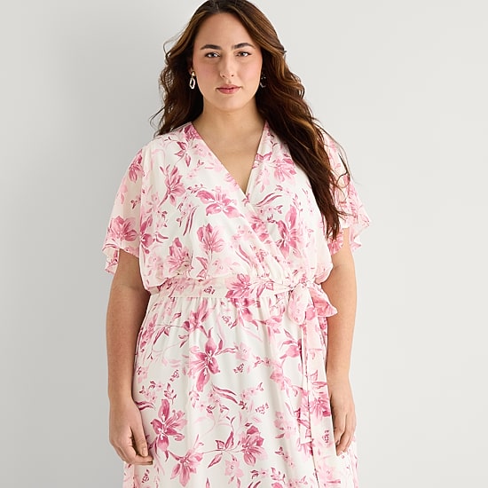 Studio 1 Womens Plus V Neck Short Sleeve Kimono Maxi Dress