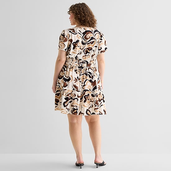 Be by CHETTA B Womens Plus Split Crew Neck Short Sleeve Abstract Fit + Flare Dress