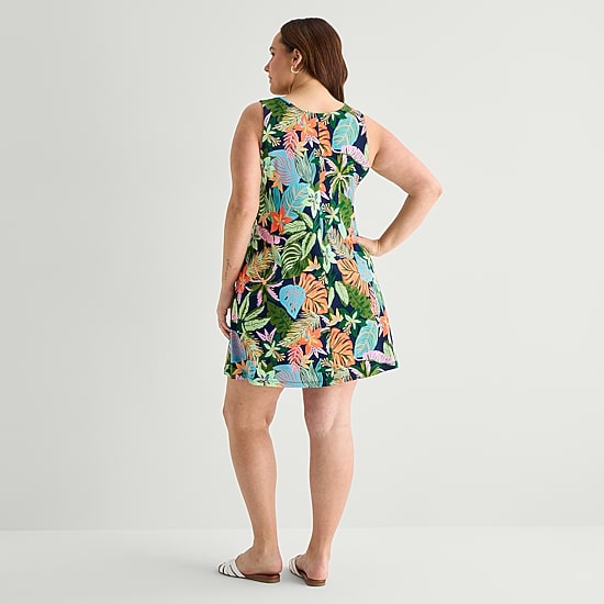 St. John's Bay Womens Plus V Neck Sleeveless Floral A-Line Dress