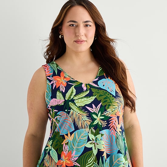 St. John's Bay Womens Plus V Neck Sleeveless Floral A-Line Dress