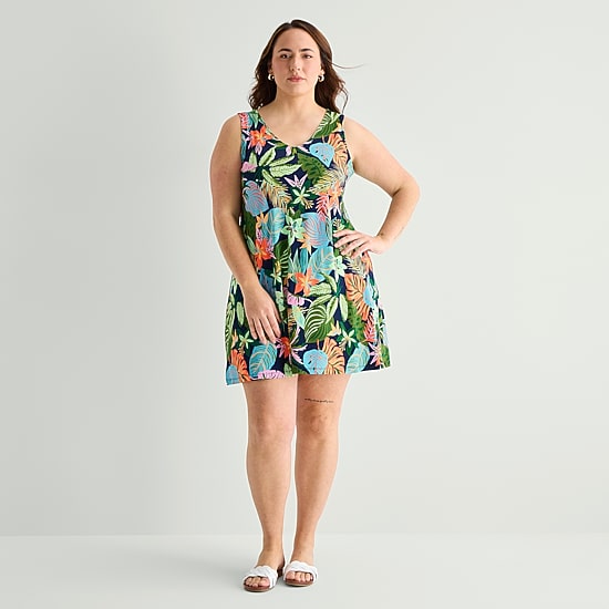 St. John's Bay Womens Plus V Neck Sleeveless Floral A-Line Dress