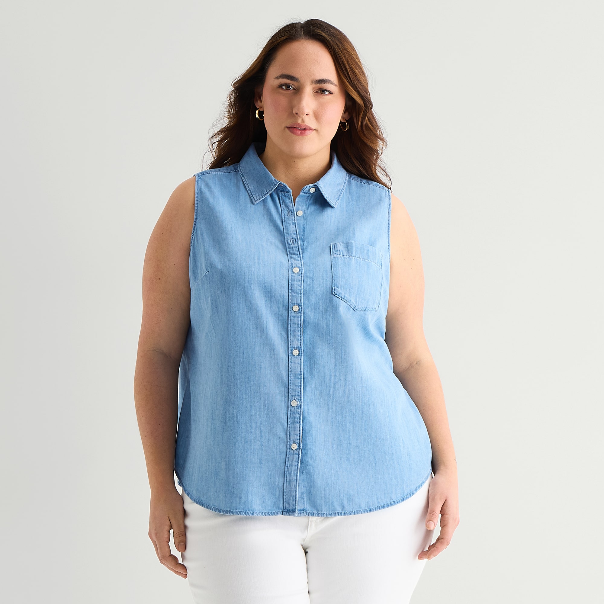 St. John's Bay Womens Plus Sleeveless Classic Fit Button-Down Shirt