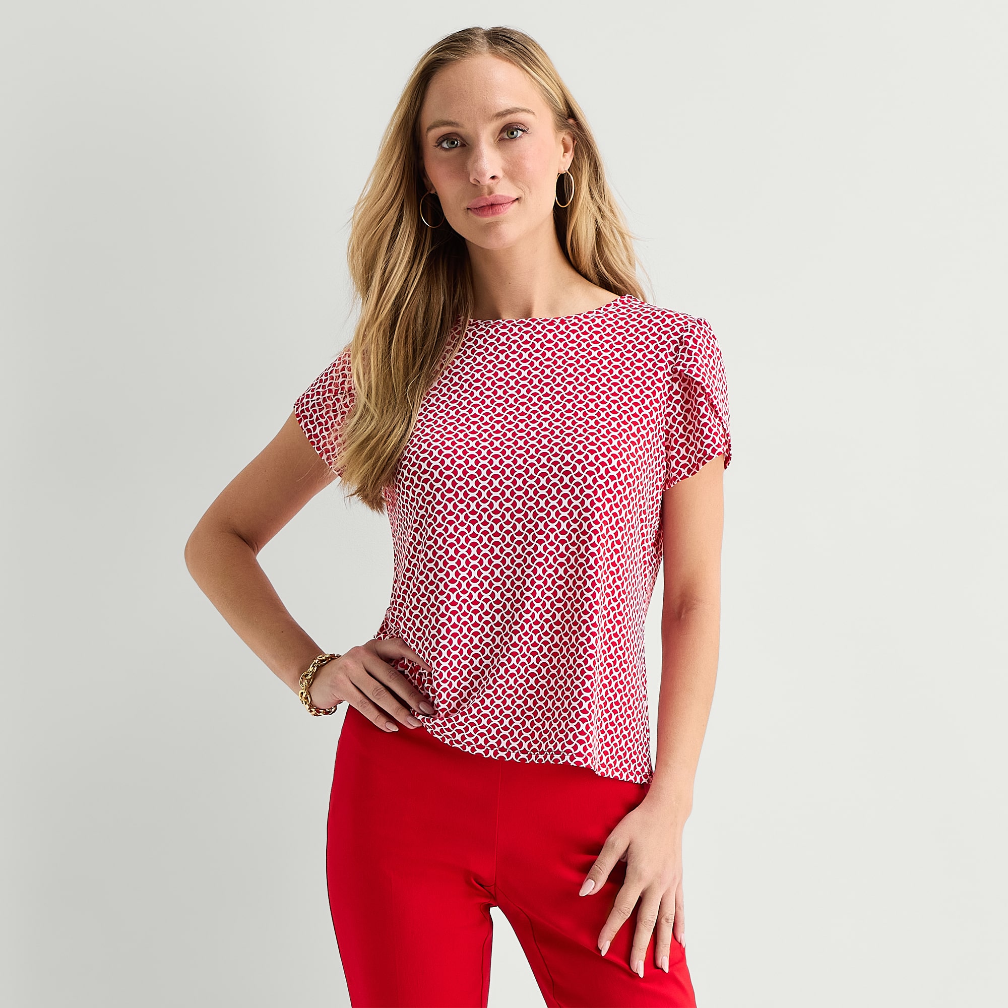 Liz Claiborne Womens Jewel Neck Short Sleeve Blouse