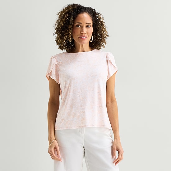 Liz Claiborne Womens Jewel Neck Short Sleeve Blouse