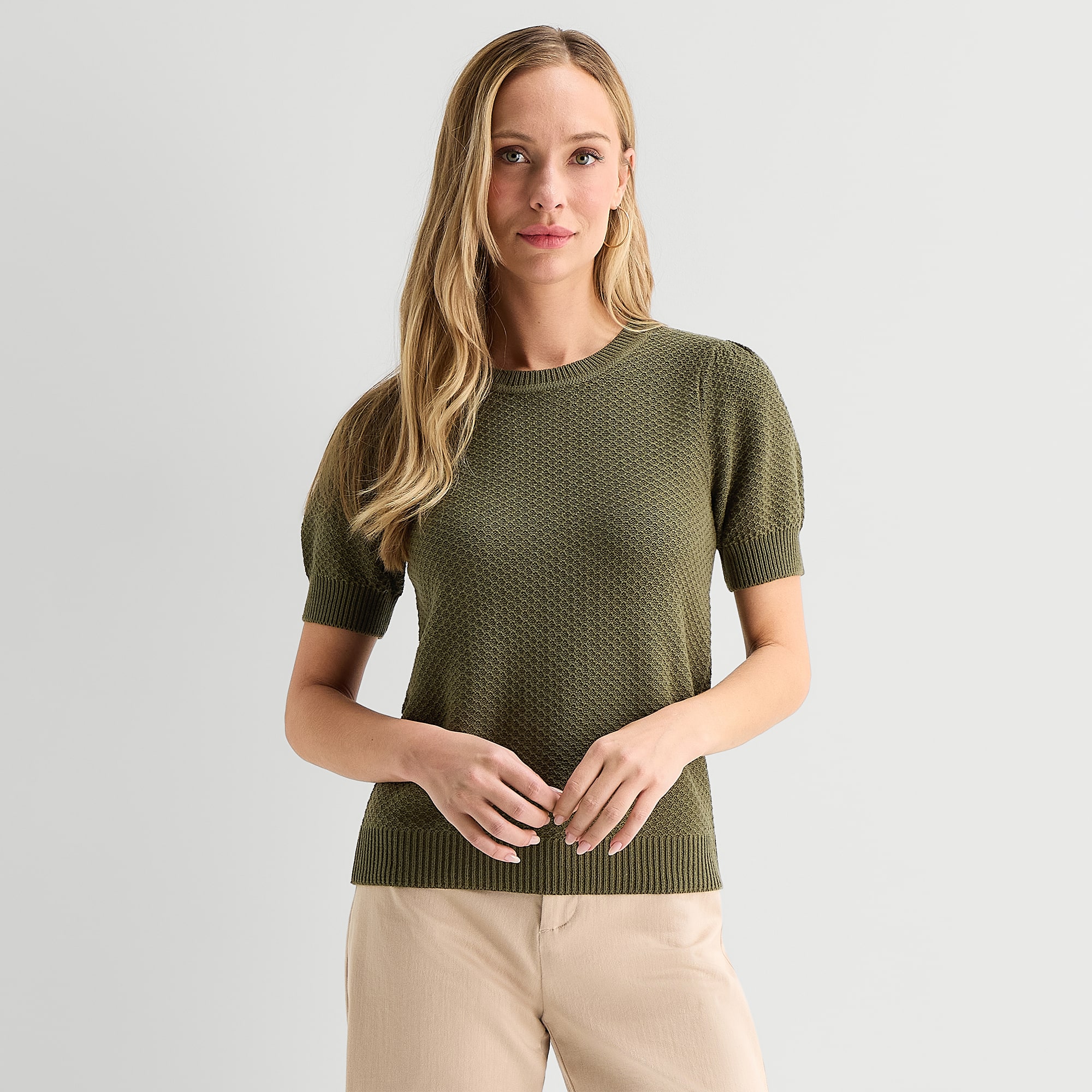 Liz Claiborne Womens Crew Neck Short Sleeve Pullover Sweater