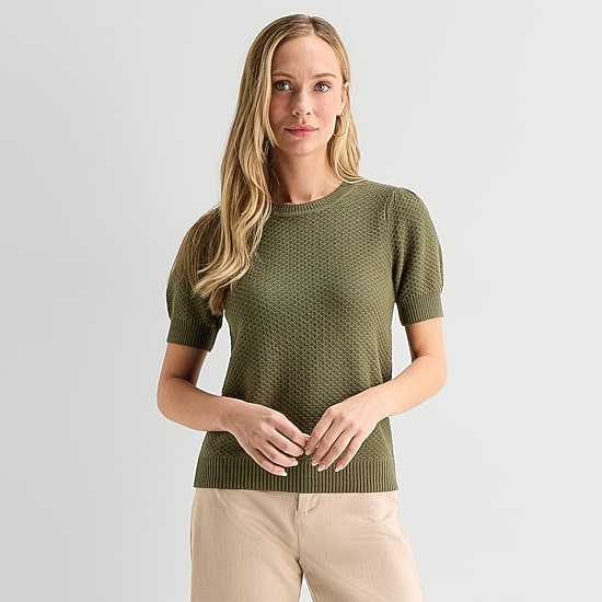 Liz Claiborne Womens Crew Neck Short Sleeve Pullover Sweater