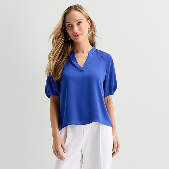 Liz Claiborne Womens Split Crew Neck Short Sleeve Blouse