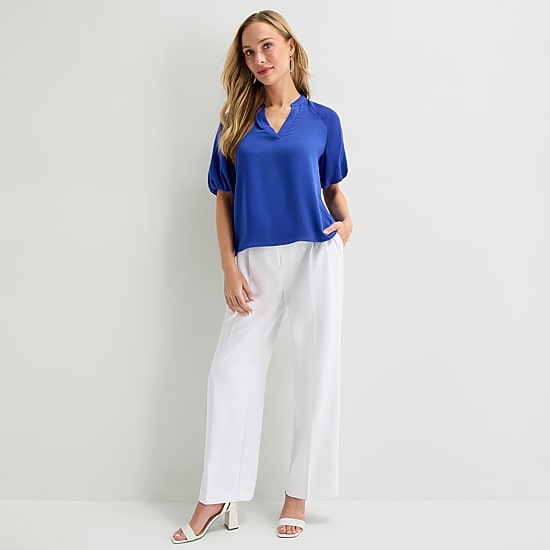 Liz Claiborne Womens Split Crew Neck Short Sleeve Blouse